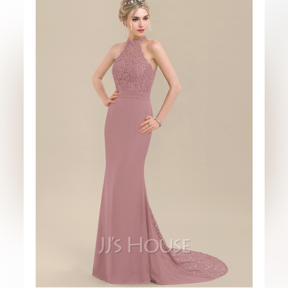 NWT JJs House Trumpet High Neck Train Chiffon Lace #116638 Vintage Mauve Size 8
